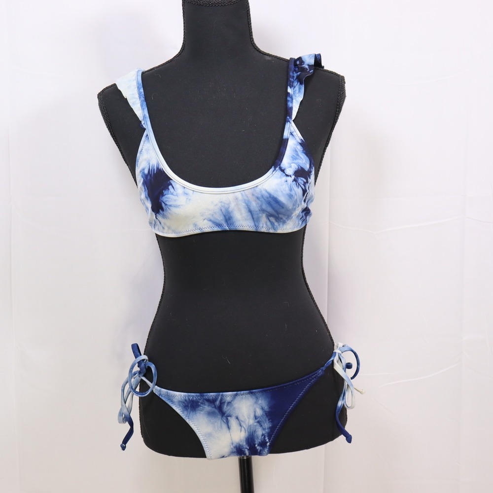 Made by Dawn Bikini Set S Blue Womens Tie Dye Ruffle Swimsuit